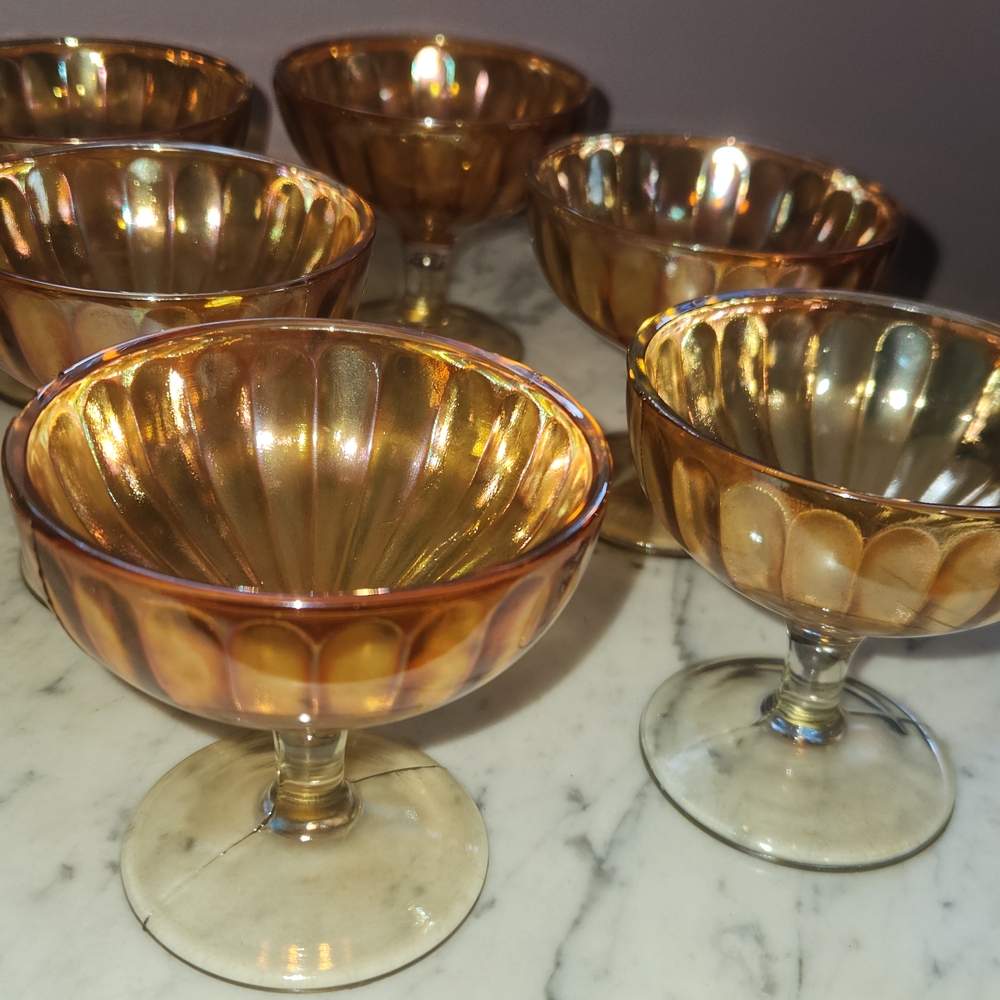 Vintage Marigold Carnival Glass Sherbet Compote Dessert Dishes Set Of 6